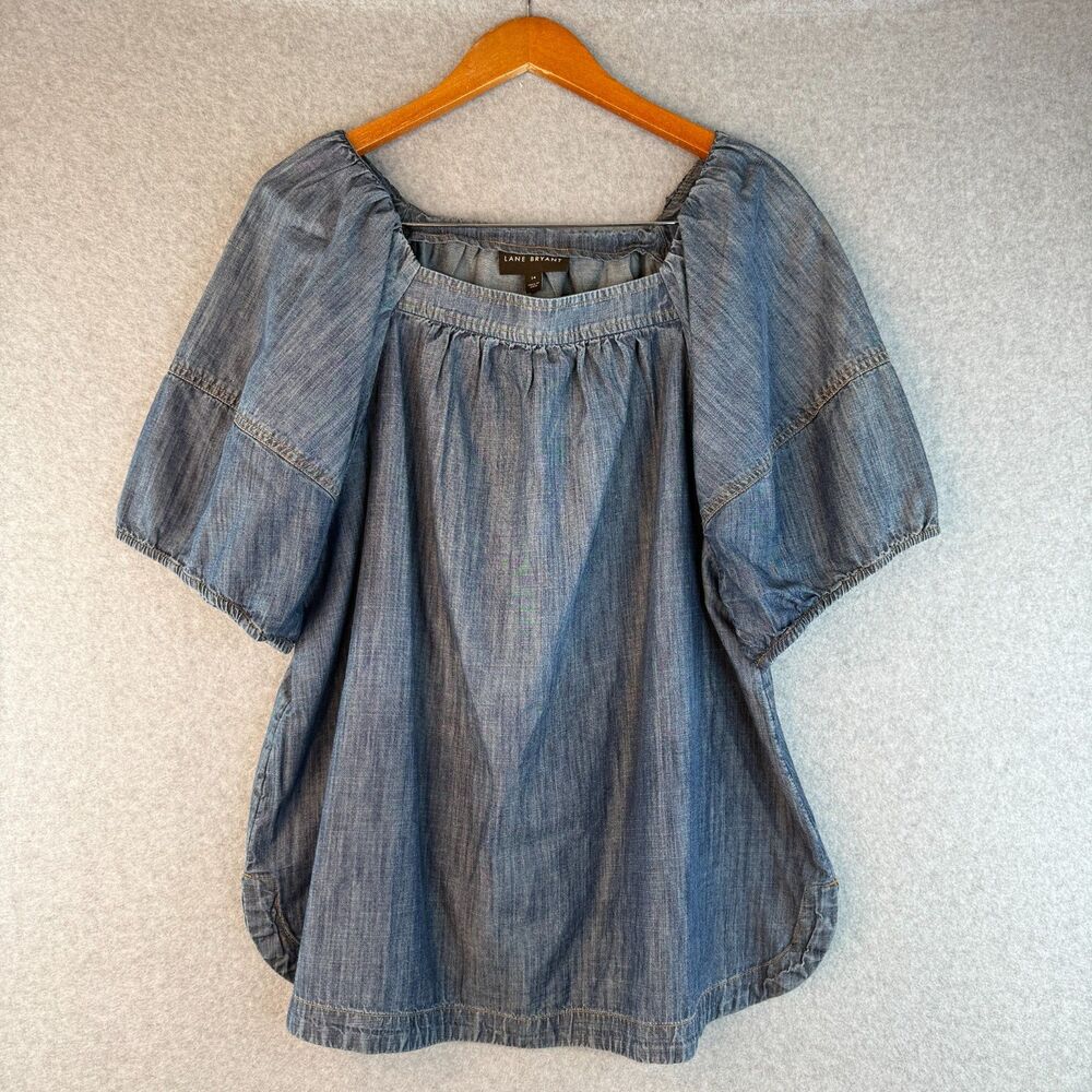 Lane Bryant Denim Short Sleeve Flowy Blouse Puff Sleeves Boho/Lagenlook Size 14